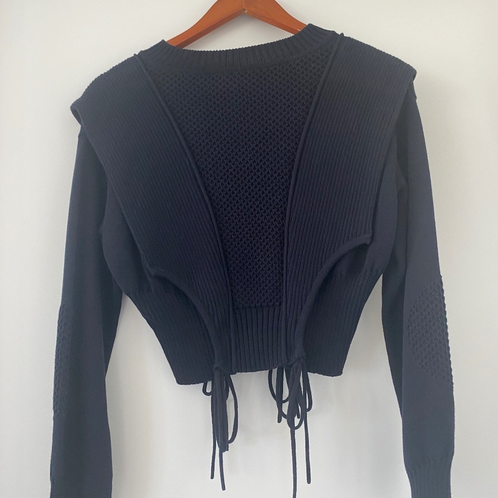 Fendi Knitwear Pullover- Tie-Detailed Paneled Cotton Sweater- Navy Blue - Picture 4 of 6